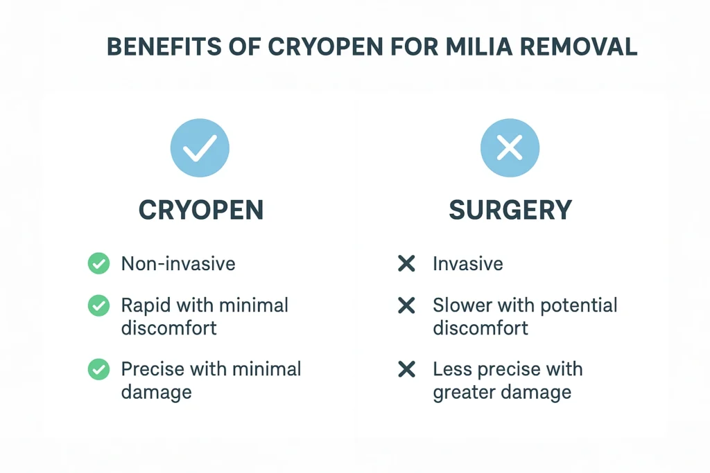 Benefits of cryopen for milia removal Chalk Farm compared to surgical treatments.