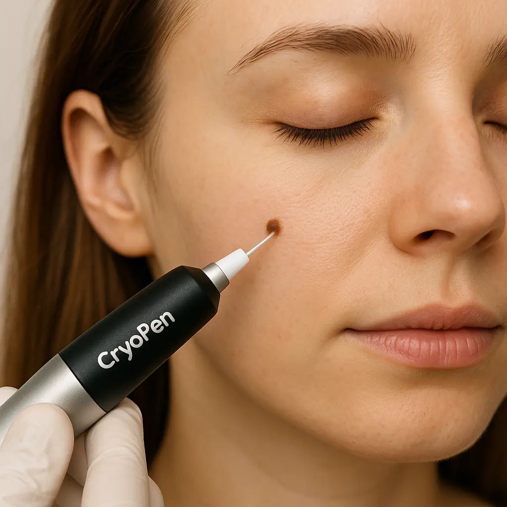 woman receiving facial mole removal Chalk Farm using cryopen